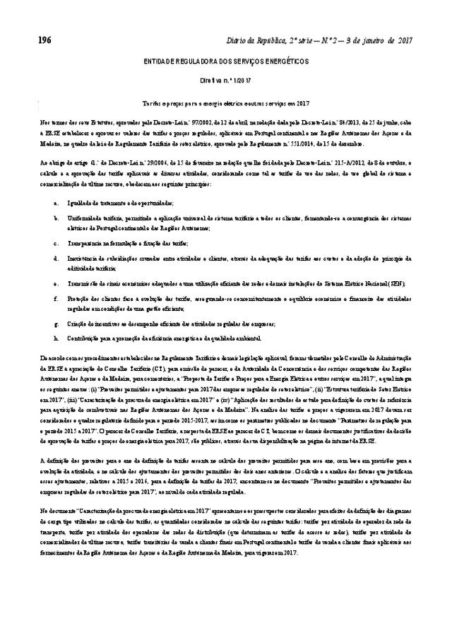 Directiva n.º 1/2017 — Tarifas e preços para a energia eléctrica e outros serviços em 2017