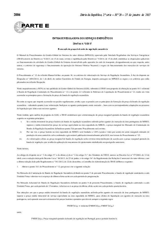 Directiva n.º 3/2017 — Formação do preço da banda de regulação secundária