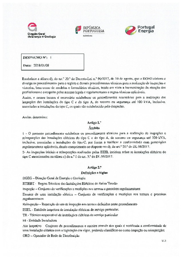 Despacho nº 1, de 08 de Agosto de 2018