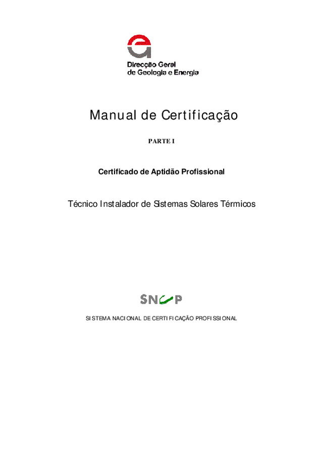 Manual de certificação de aptidão profissional de técnico instalador de sistemas solares térmicos