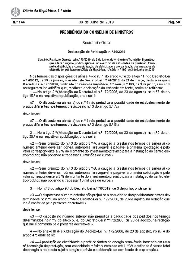 Declaração de Rectificação nº 36/2019 - Diário da República nº 144/2019, Série I de 2019-07-30