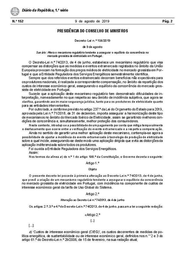Decreto-Lei nº 104/2019 - Diário da República nº 152/2019, Série I de 2019-08-09