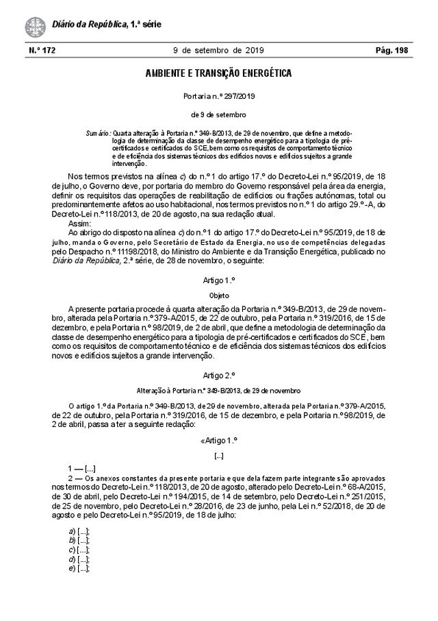 Portaria nº 297/2019 | Classe de desempenho energético