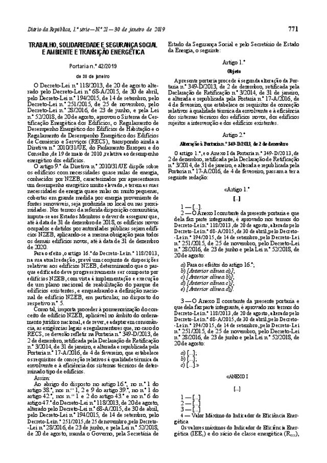 Portaria nº 42/2019, de 30 de Janeiro | Qualidade térmica da envolvente e eficiência dos sistemas técnicos dos edifícios