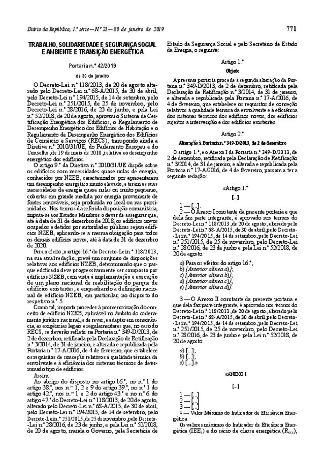 Portaria nº 42/2019, de 30 de Janeiro | Qualidade térmica da envolvente e eficiência dos sistemas técnicos dos edifícios