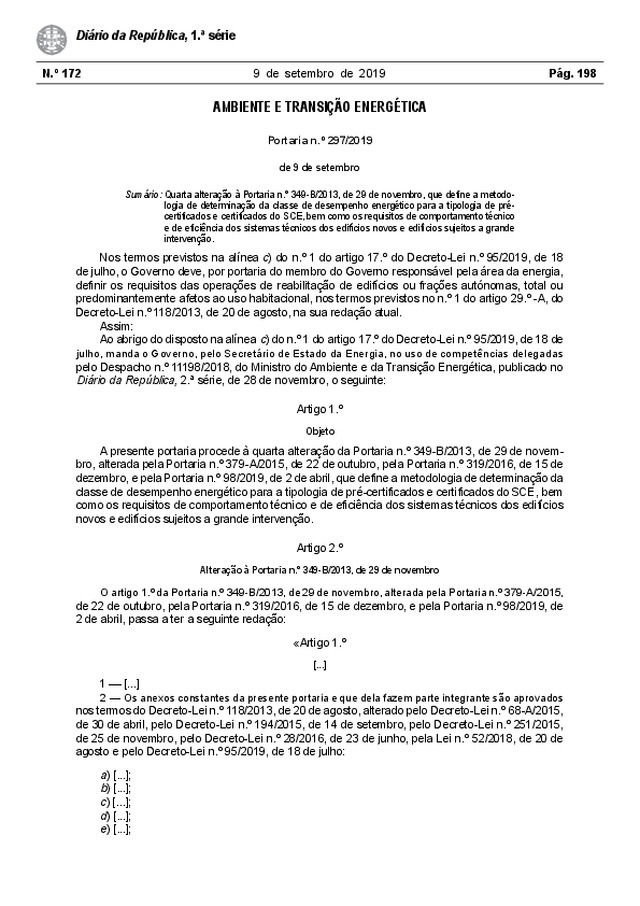 Portaria n° 297/2019 de 9 de Setembro | Qualidade térmica da envolvente e eficiência dos sistemas técnicos dos edifícios