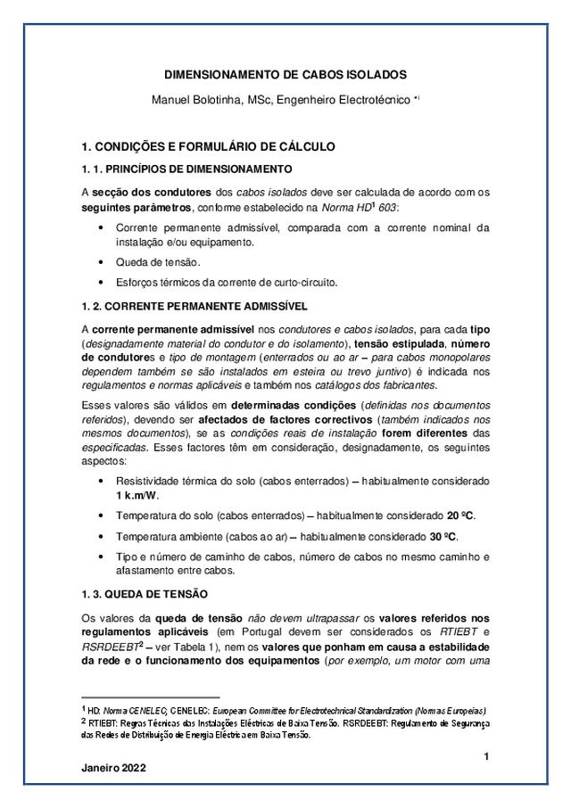 Dimensionamento de Cabos Isolados