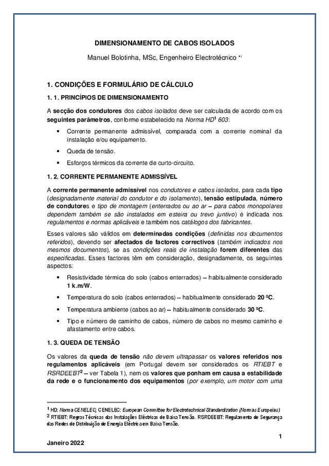 Dimensionamento de Cabos Isolados