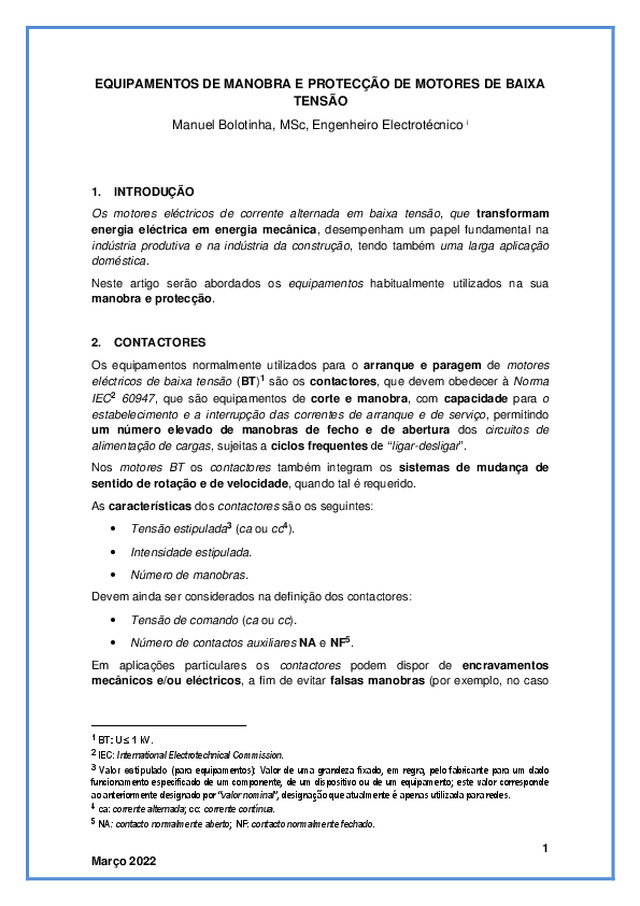 Equipamentos de manobra e protecção de motores de Baixa Tensão