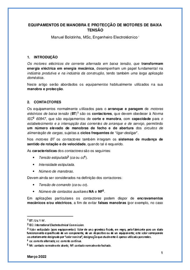Equipamentos de manobra e protecção de motores de Baixa Tensão
