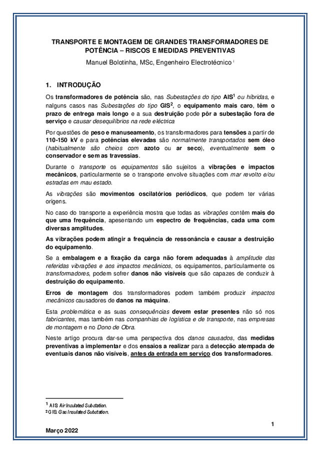 Transporte e montagem de grandes transformadores de potência – Riscos e medidas preventivas