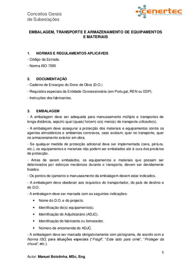 Conceitos Gerais de Subestações: Embalagem, transporte e armazenamento de equipamentos e materiais
