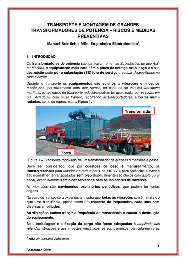 TRANSPORTE E MONTAGEM DE GRANDES TRANSFORMADORES DE POTÊNCIA – RISCOS E MEDIDAS PREVENTIVAS