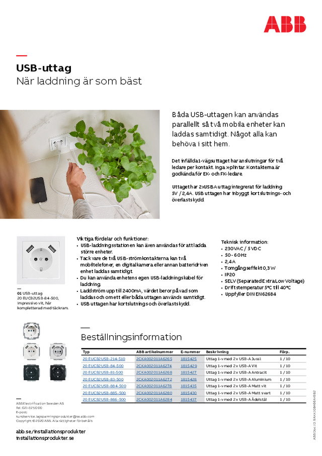 Infällt 1-vägsuttag med dubbla USB-uttag