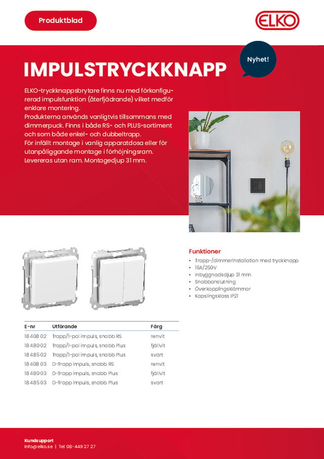 ELKO produktblad Impulstryckknapp