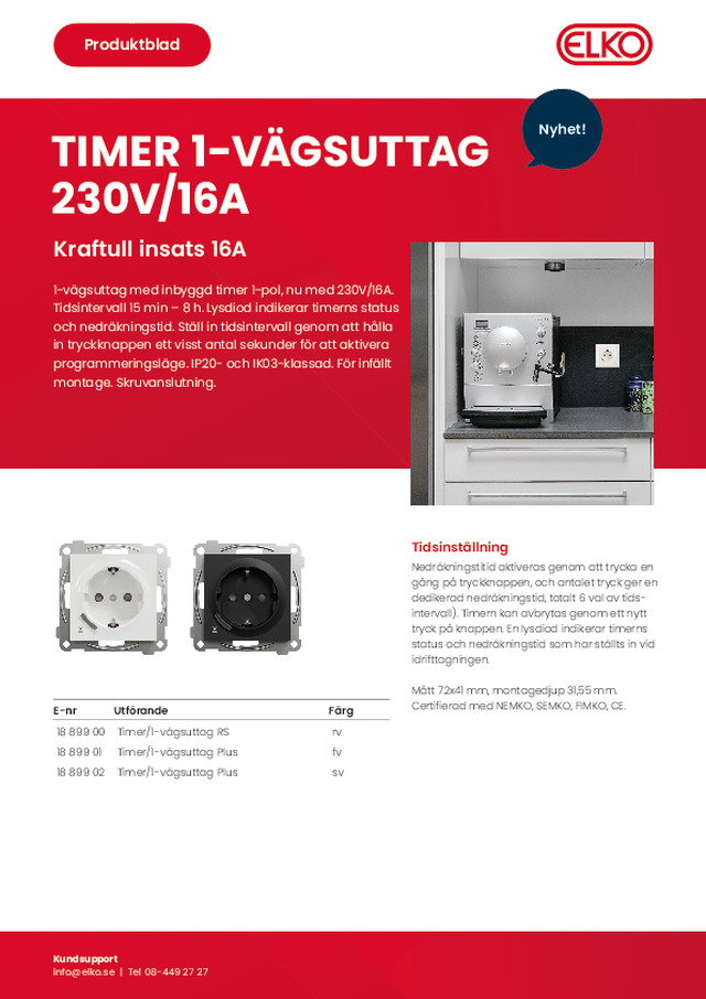 Timer 1-vägsuttag  230V/16A