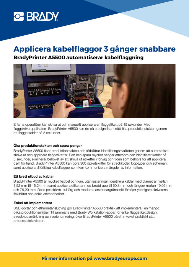 BradyPrinter A5500 automatiserar kabelflaggning