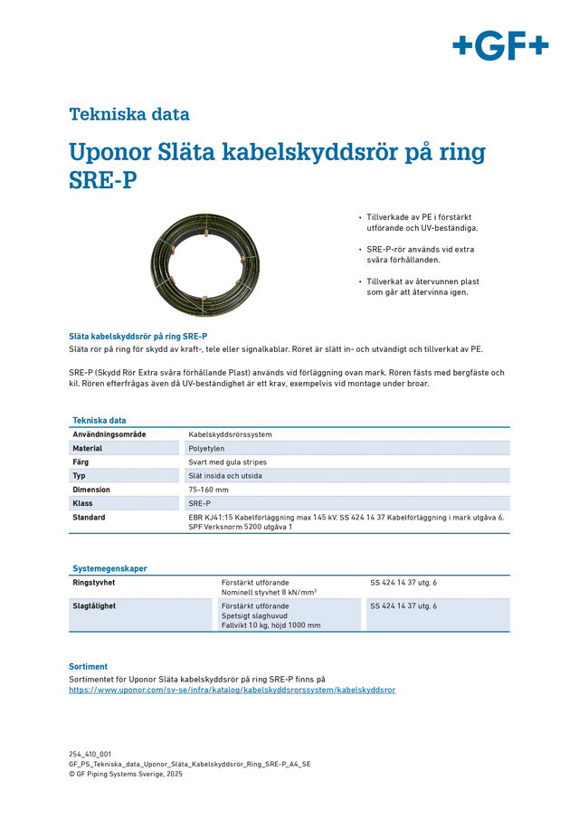 Tekniska Data Uponor Släta Kabelskyddsrör SRE P på ring 2025