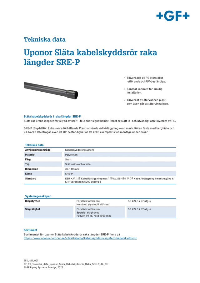 Tekniska Data Uponor Släta kabelskyddsrör SRE P raka längder 2025