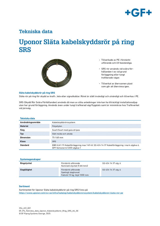Tekniska Data Uponor Släta Kabelskyddsrör SRS på ring 2025