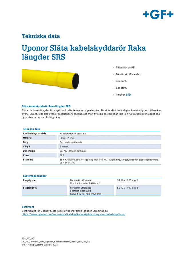 Tekniska Data Uponor släta kabelskyddsrör SRS Raka längder 2025