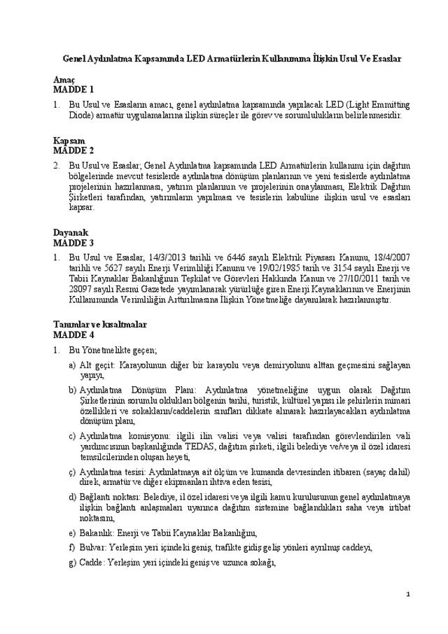 Genel Aydınlatma Kapsamında LED Armatürlerin Kullanımına İlişkin Usul ve Esaslar