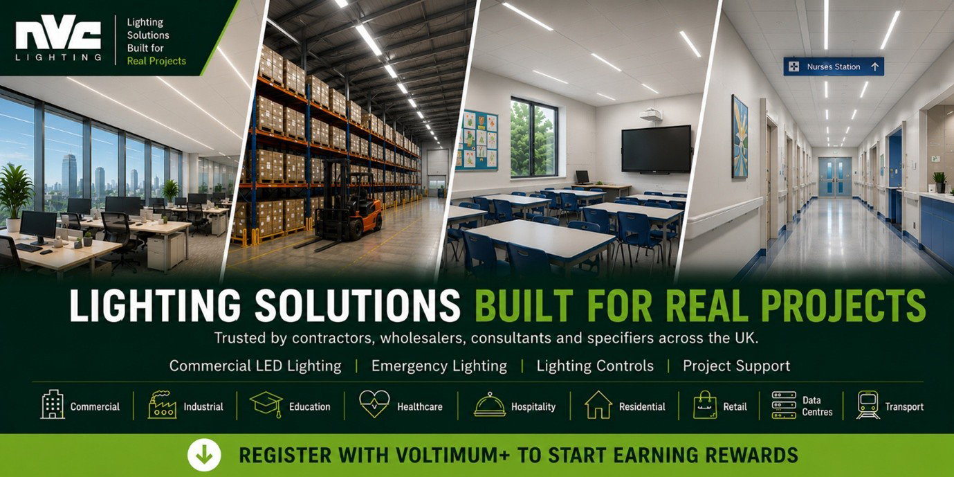 NVC Lighting commercial LED lighting solutions banner for offices, warehouses, schools, healthcare and retail projects across the UK, with link to register on Voltimum+