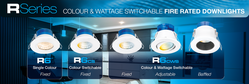 Colour and wattage switchable fire-rated downlights