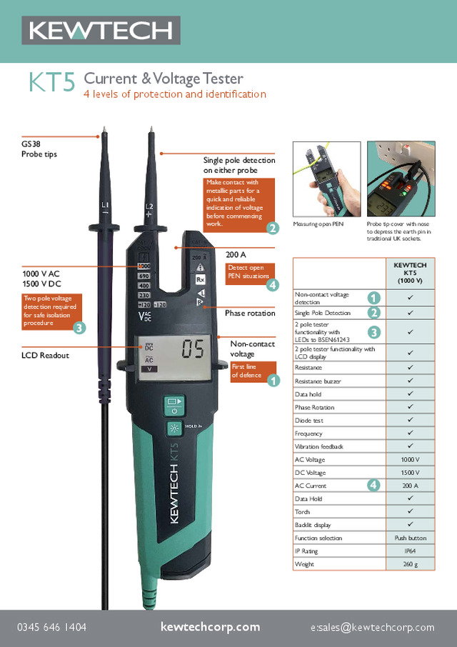 KT5 Current & Voltage Tester: 4 levels of protection and identification