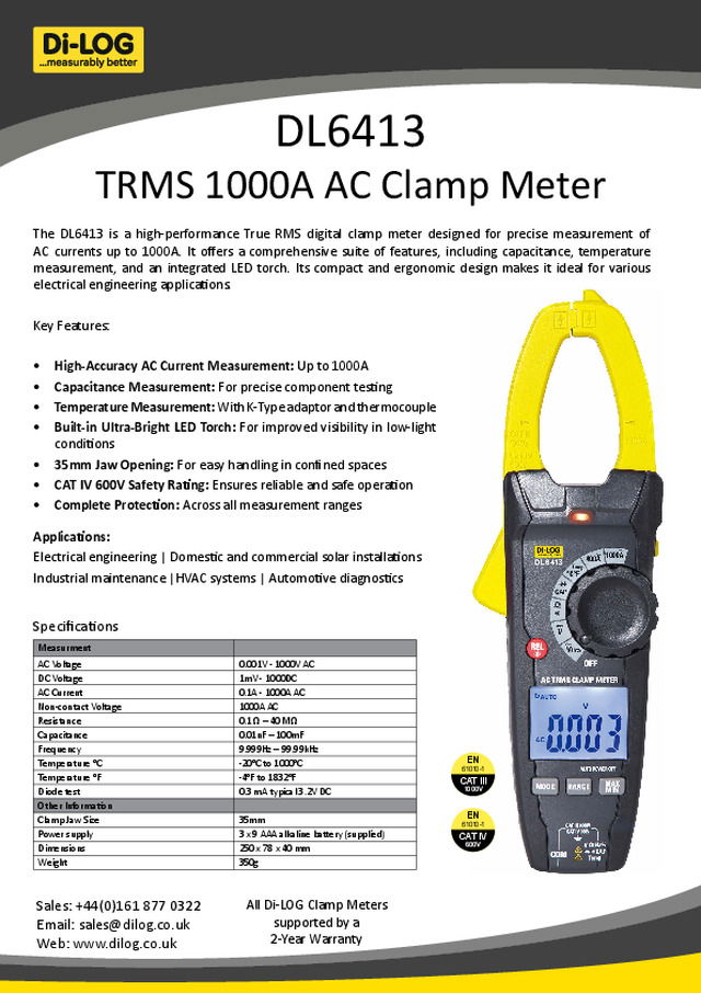 DL6413 TRMS 1000A AC Clamp Meter
