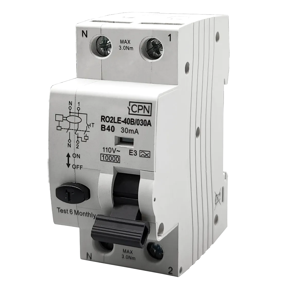 2 Pole, 2 module, 10A, C Curve, 110V, 30mA, Type A RCBO